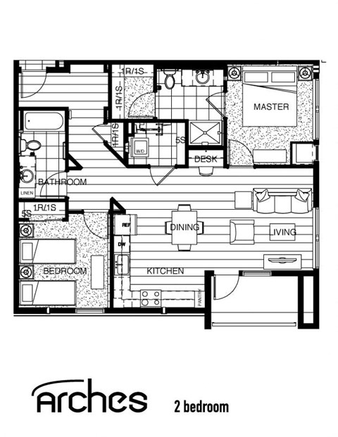 Floor plan for 2 beds, 2 baths, 944 sqft